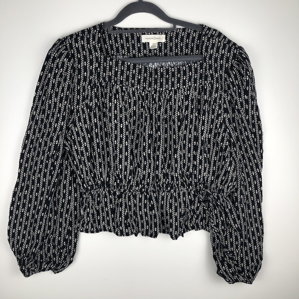 Treasure & Bond Blouse M Black Geometric Smocked Waist Balloon Sleeve TB474969MI